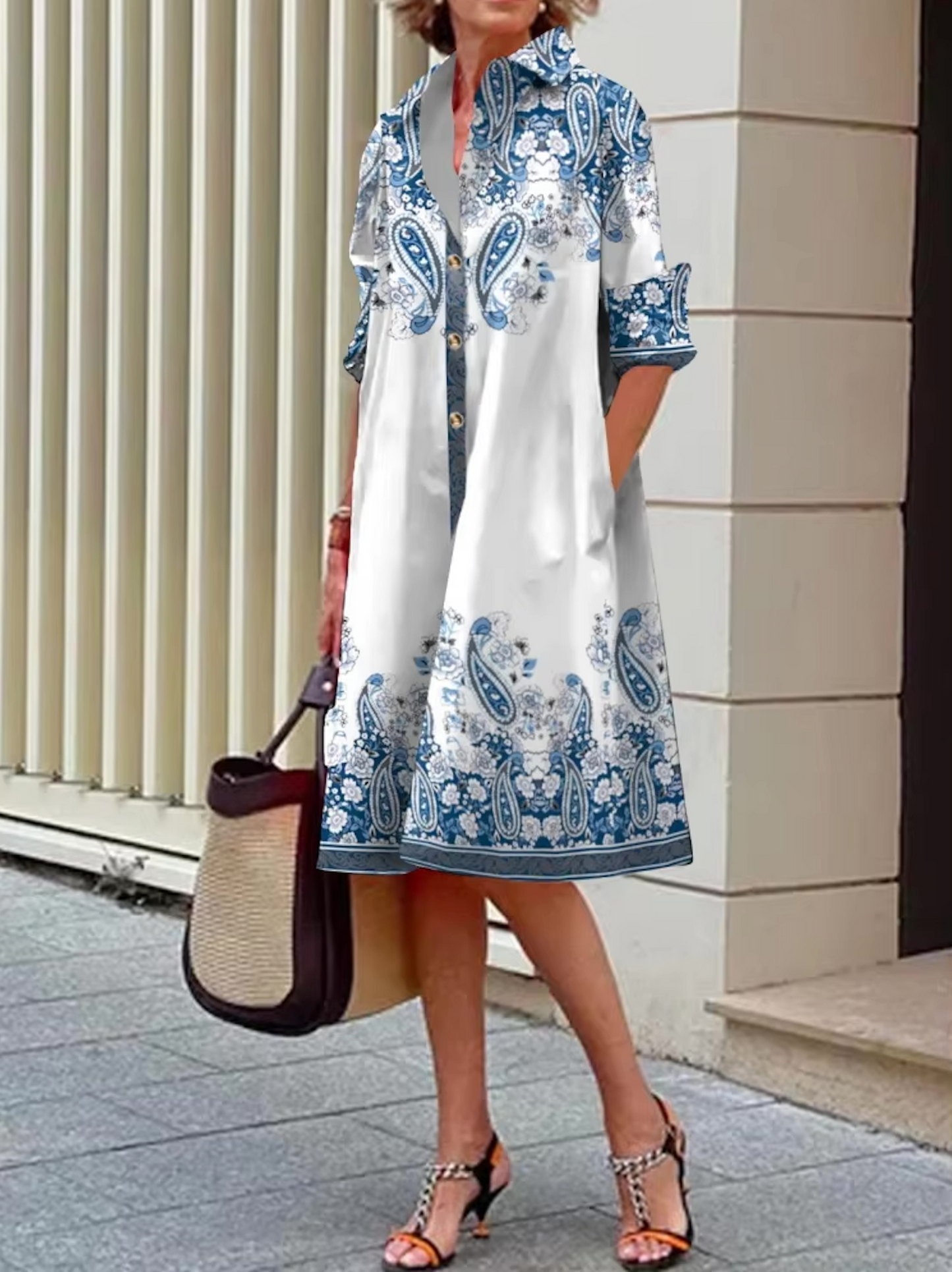 Olivia - Stylish Blue Geometric Stripe Midi Dress