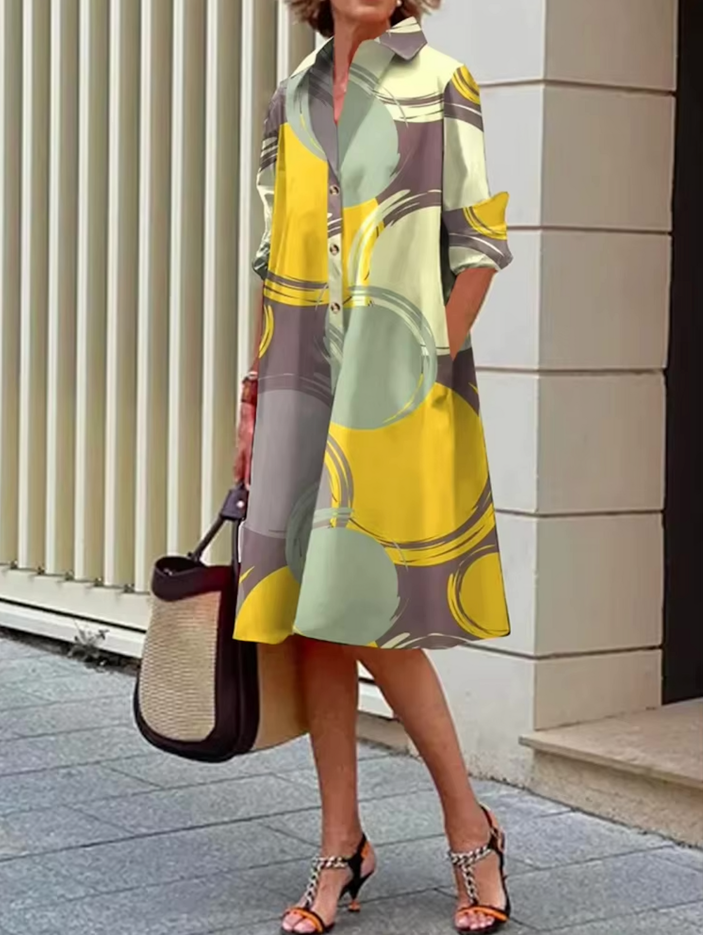 Olivia - Stylish Blue Geometric Stripe Midi Dress